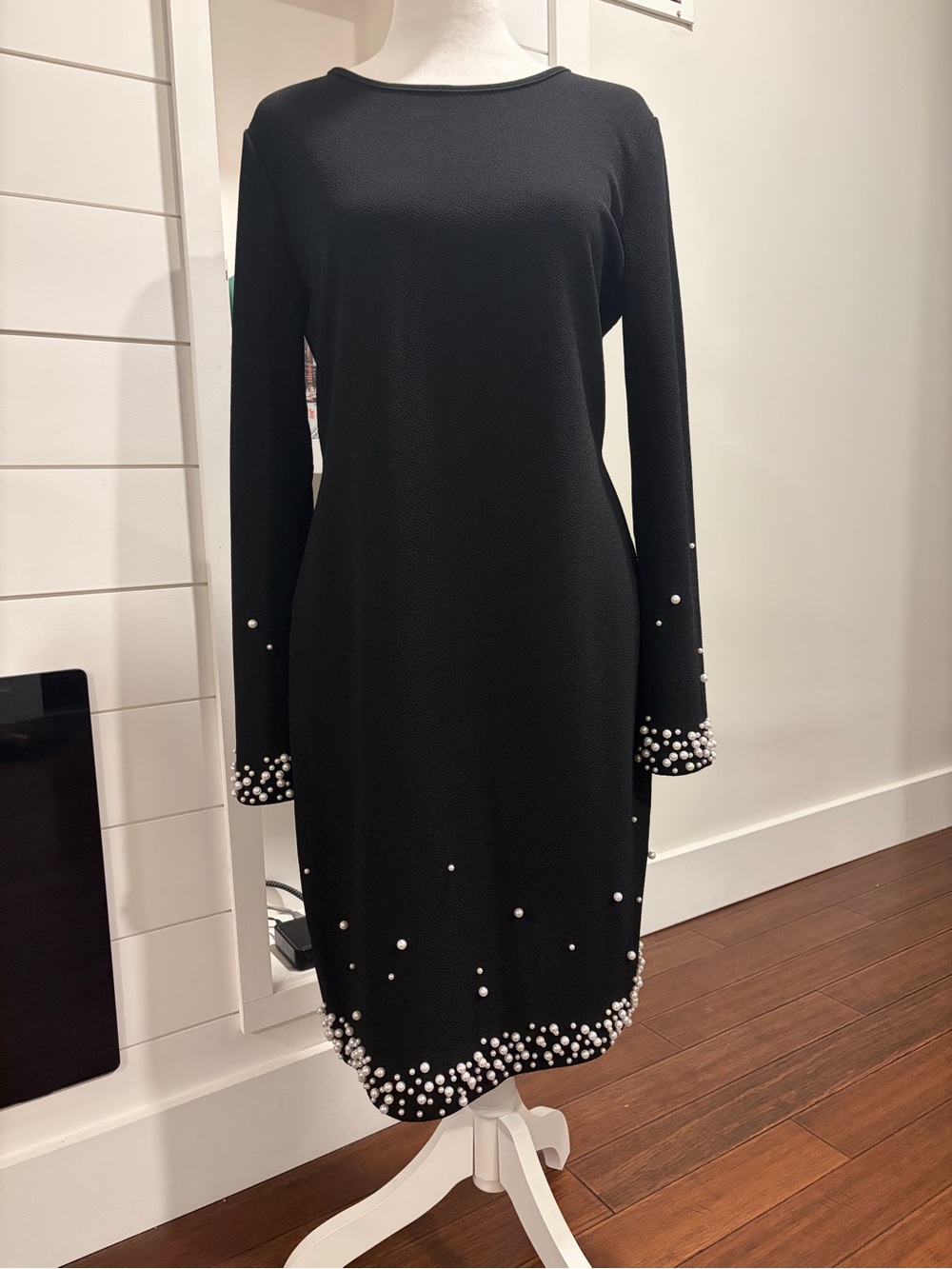 Black Long-Sleeve Pearl-Trim Shift Dress